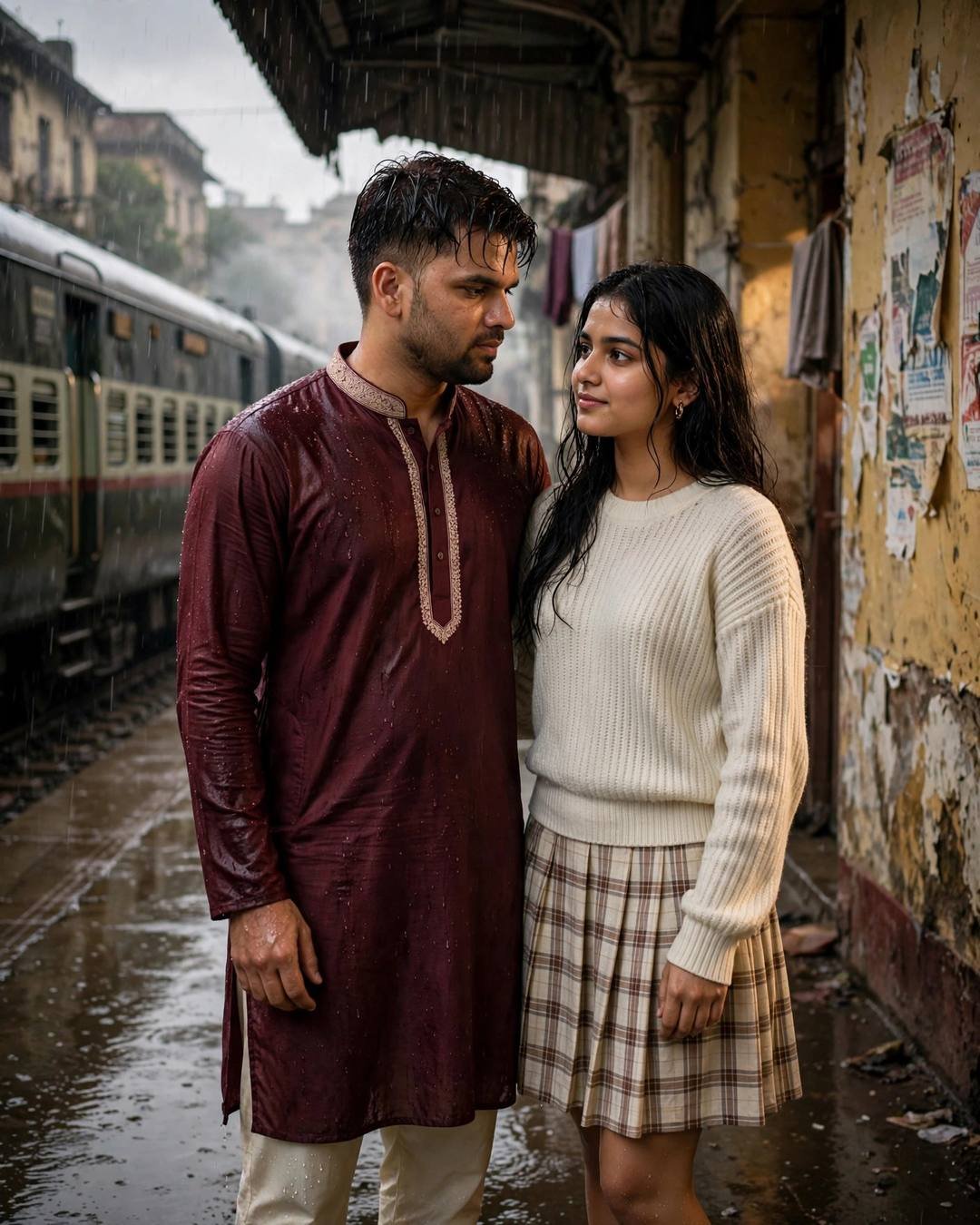 Couple embracing on a rainy railway platform with train waiting, man in maroon kurta with cream churidar, woman in cream knit top and plaid skirt