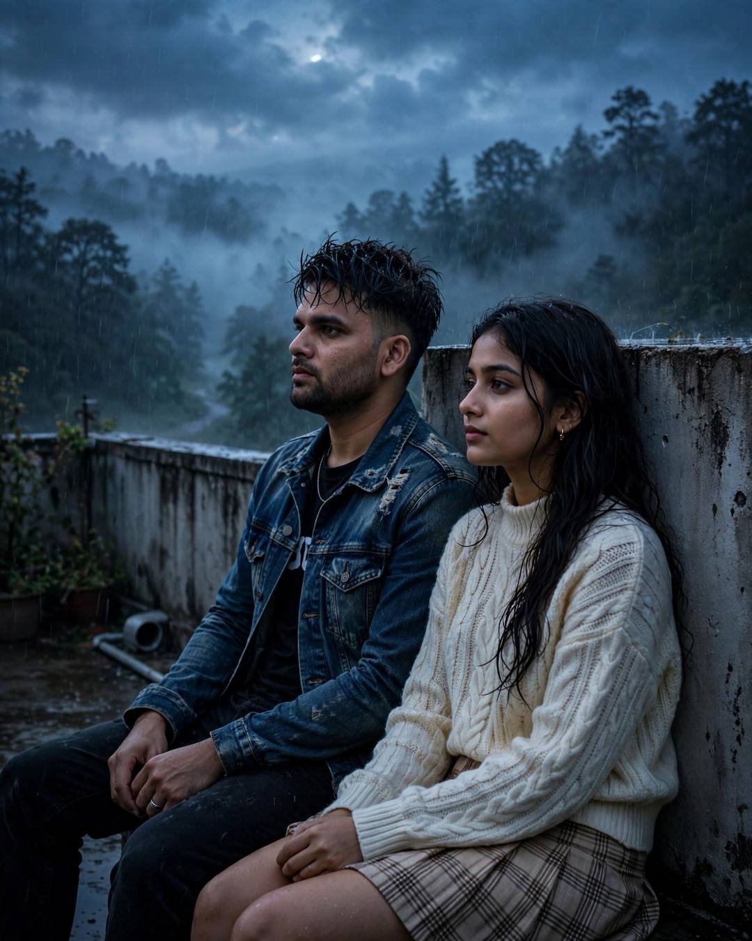 Young Indian couple sitting against a rooftop wall above a misty forest at blue hour in drizzle, man in denim jacket, woman in cream knit top