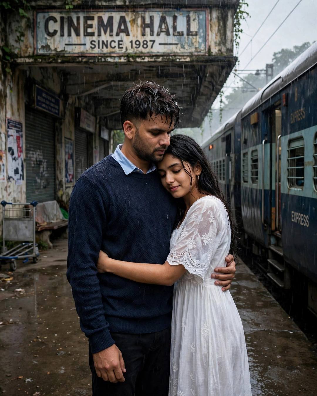 Young Indian couple embracing on a rainy railway platform beside a waiting train, man in navy sweater, woman in white dress