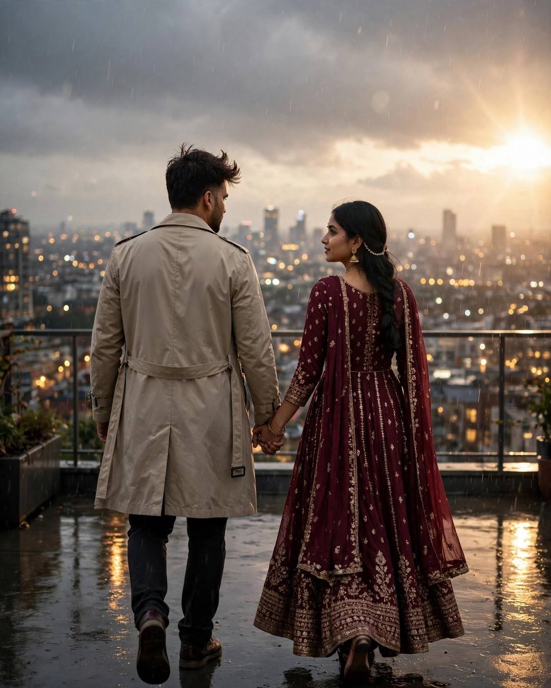 Young Indian couple walking away hand in hand across a rainy rooftop into golden sunset, man in trench coat, woman in maroon anarkali