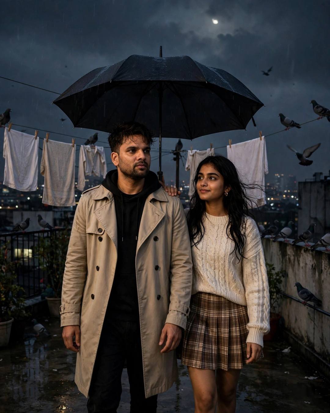 Young Indian couple walking side by side under one umbrella on a moonlit rooftop terrace with drying clothes lines and pigeons
