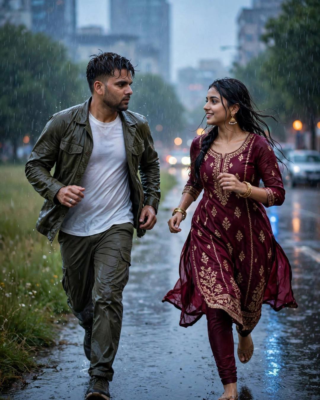 Young Indian couple running toward each other through rain on a city street at blue hour, she in a maroon anarkali, he in an olive field jacket