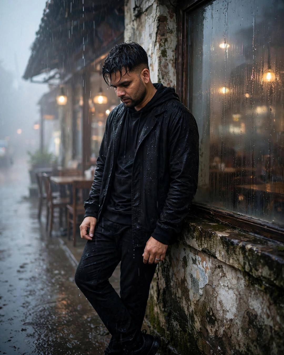Man in all-black streetwear leaning against a weathered wall, head tilted down, drizzle, old cafe glowing behind