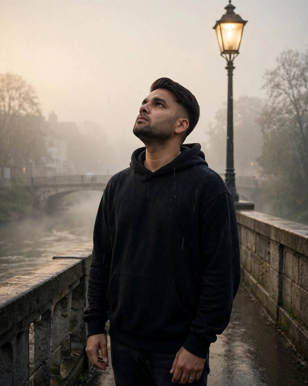 Young Indian man in a black hoodie standing in rain on a stone bridge under a glowing streetlamp, face lifted to the sky