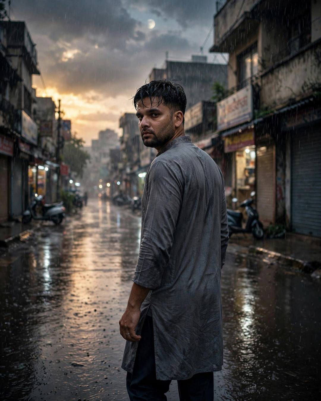 Young Indian man in a grey kurta walking away down a rain-soaked street at moonlit dusk, glancing back at the camera