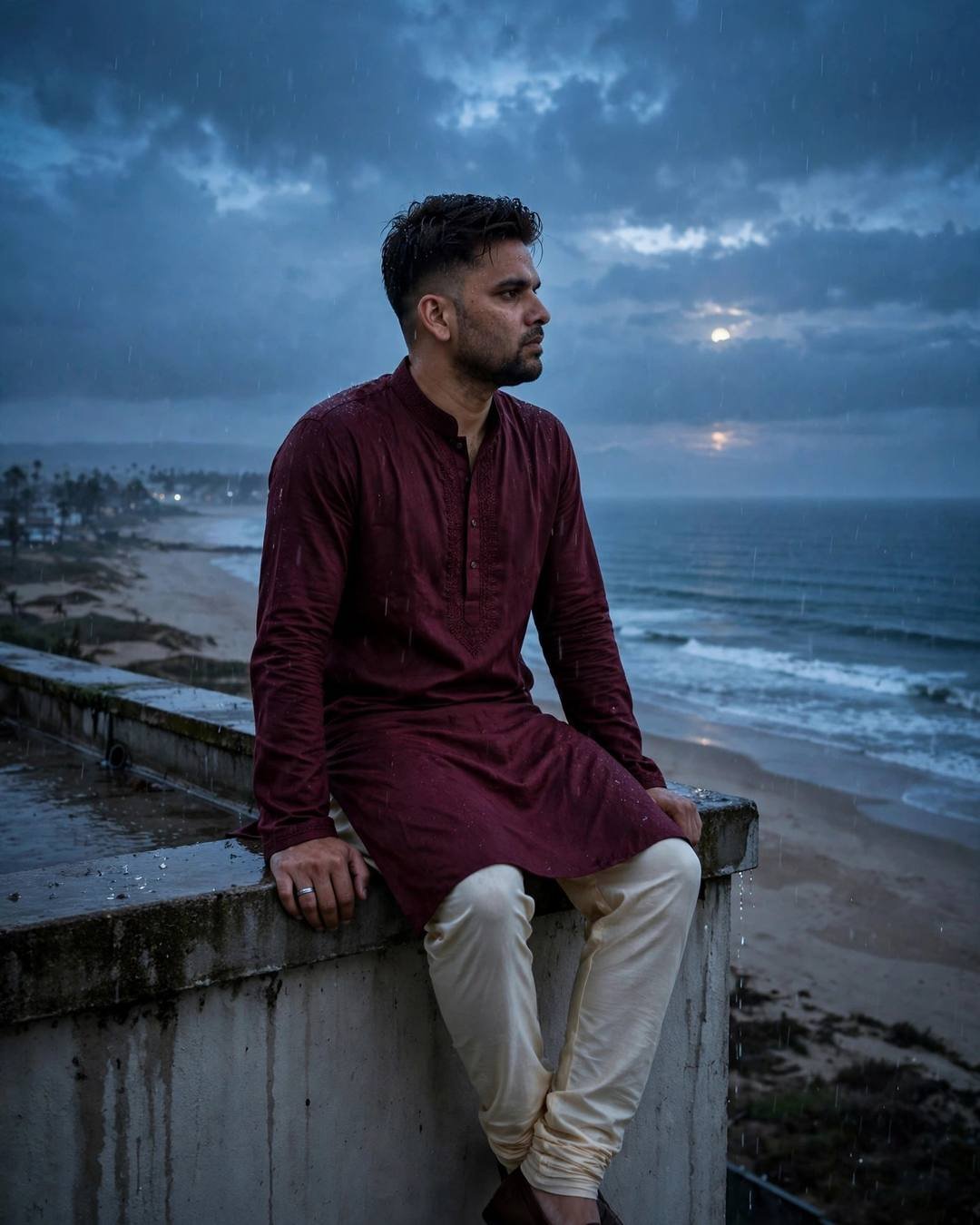 Young Indian man in a maroon kurta sitting on a rooftop ledge overlooking a deserted beach at blue hour in light rain