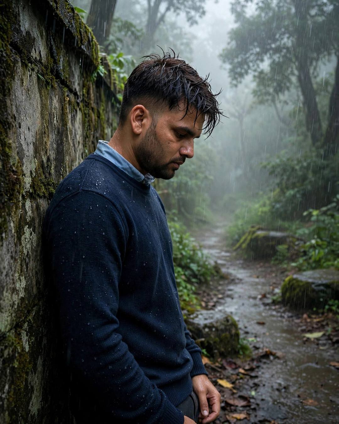 Young Indian man in a navy sweater leaning against a mossy stone wall on a misty forest path in heavy rain