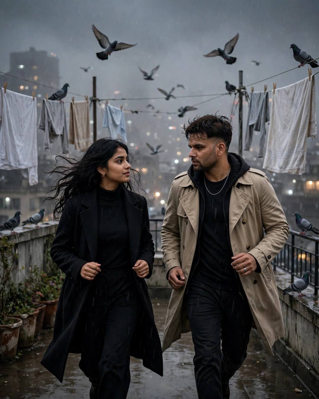 Young Indian man in beige trench coat running toward a woman in black on a rain-soaked foggy rooftop terrace with pigeons and city lights