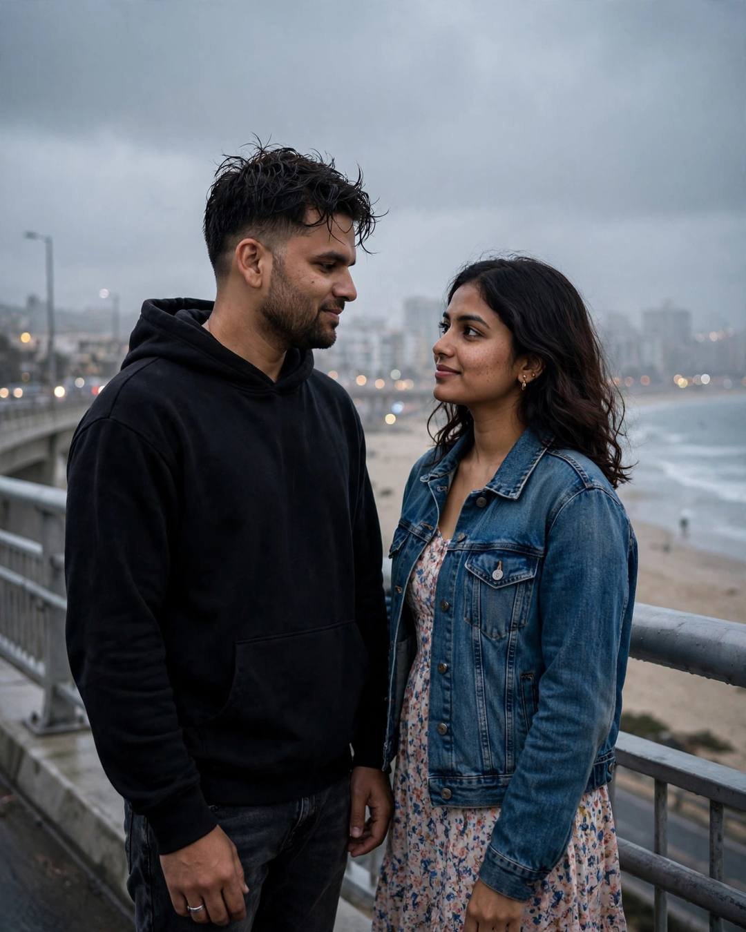 Young Indian man in black hoodie and woman in denim jacket sharing a quiet gaze on a bridge with blurred beach and city