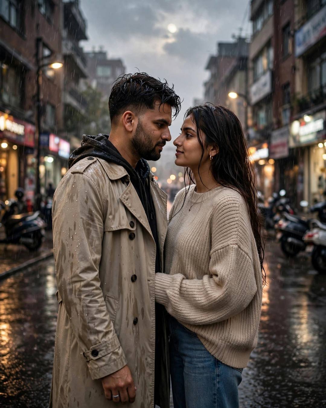 Young Indian man in beige trench coat and woman in beige sweater standing face to face on a rain-soaked city street at night