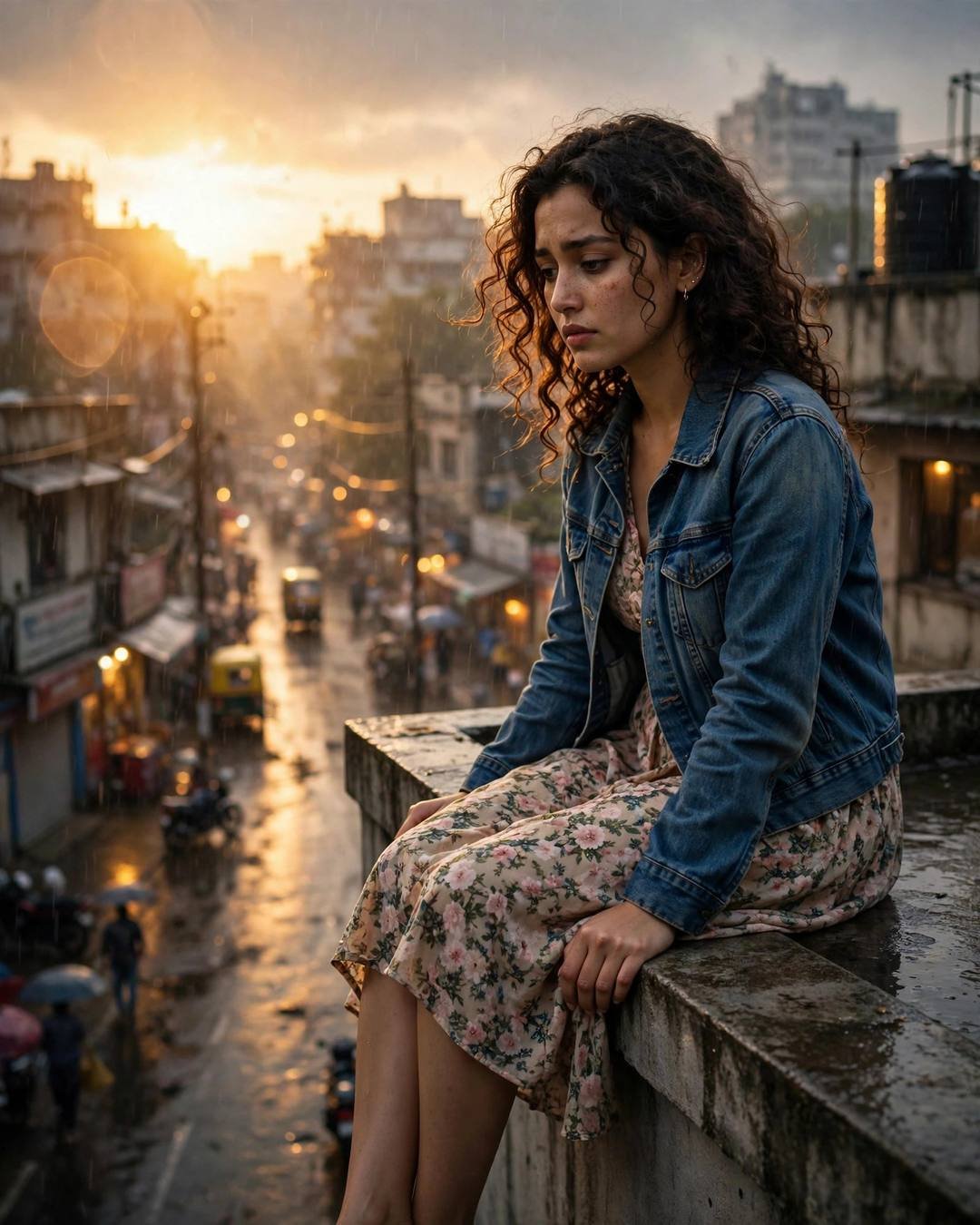 Young Indian woman in a denim jacket and floral dress sitting on a rooftop ledge at golden hour over a rain-soaked street