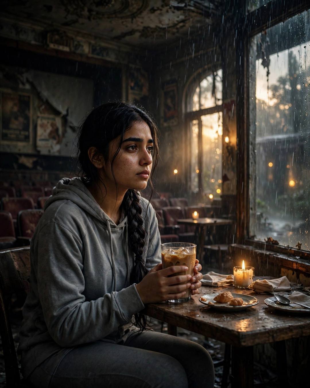 Young Indian woman in a grey hoodie sitting at a table in an abandoned cinema hall, watching rain on tall windows, candlelight
