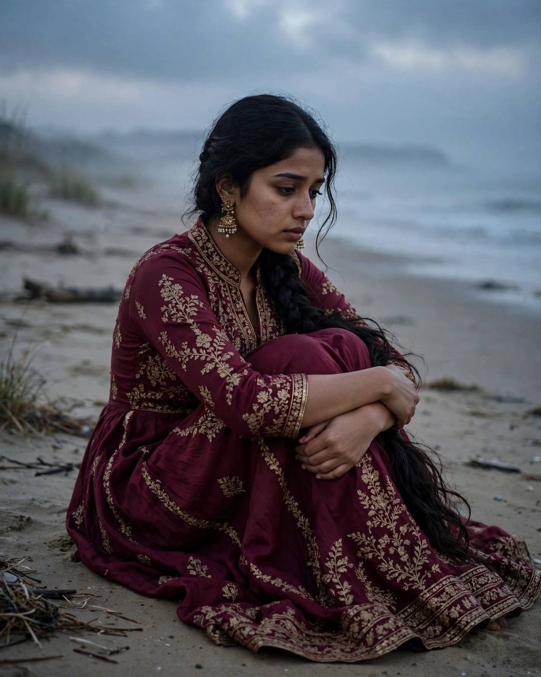 Young Indian woman in a maroon anarkali with jhumkas sitting on a deserted beach at dusk, holding a wilted rose