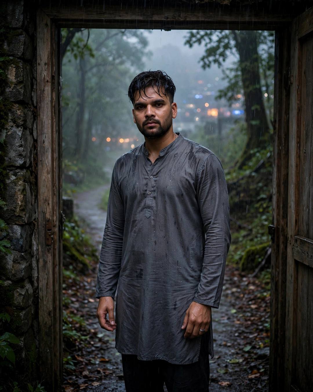 Young Indian man in a grey kurta standing in a doorway at dusk, rain falling, city lights glowing through mist