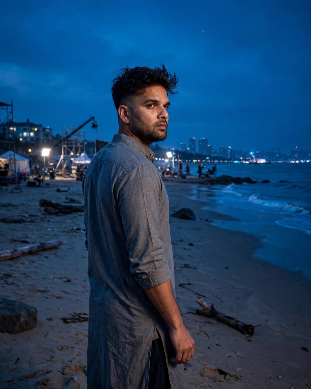 Young Indian man in grey kurta on a deserted beach at blue hour, looking back over his shoulder
