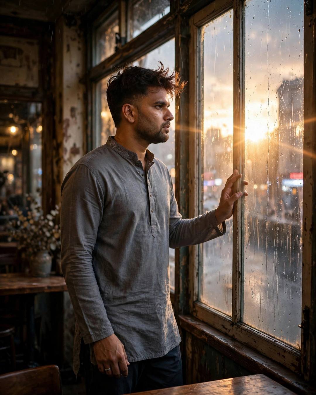 Young Indian man in grey kurta standing at a rain-streaked cafe window, golden evening light behind