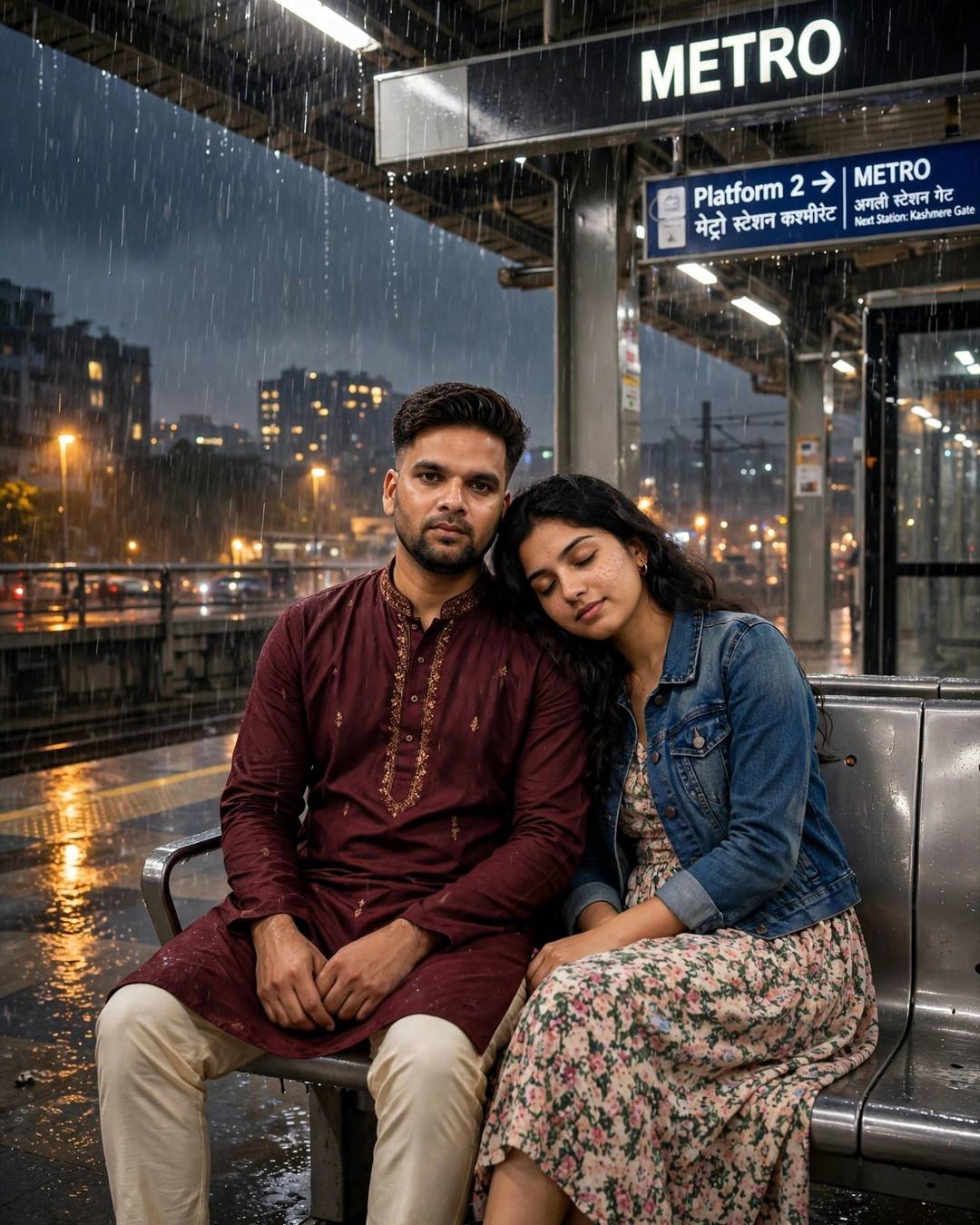 Young Indian couple sitting close on a metro station bench in heavy monsoon rain, her head on his shoulder, METRO sign above