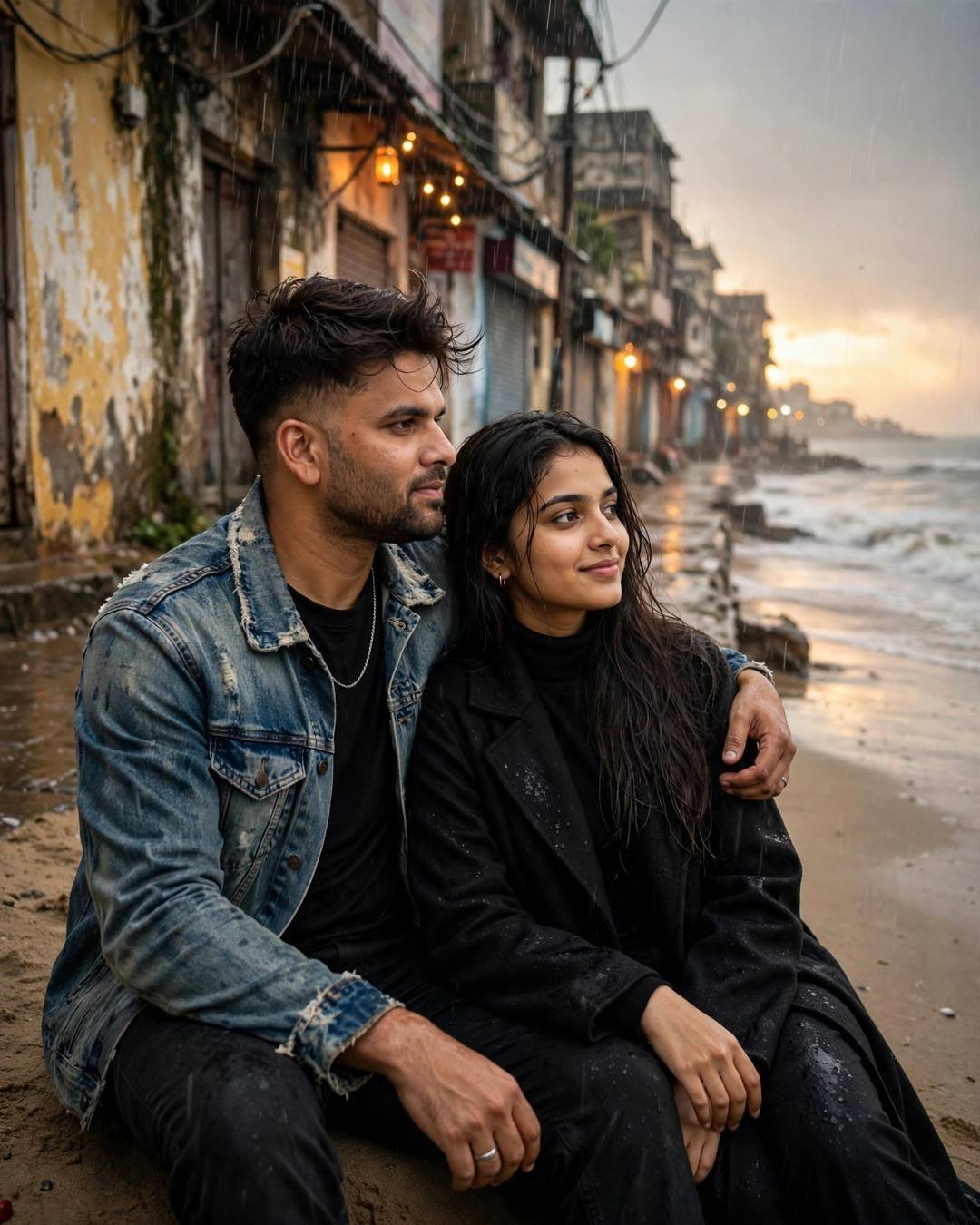 Young Indian couple sitting on sand where an old-city lane meets the sea in monsoon rain, his arm around her, golden light