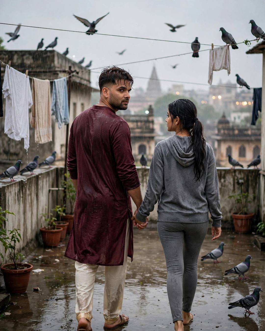 AI couple photo: man in maroon kurta glancing back while walking hand in hand with a woman on a rainy terrace