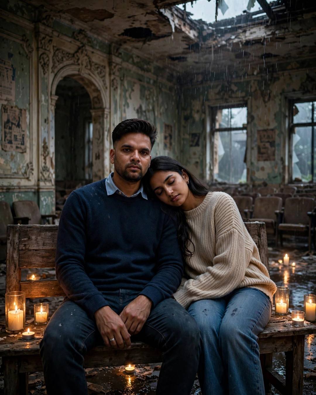 AI couple photo: man in navy sweater and woman resting her head on his shoulder in a candlelit abandoned cinema hall