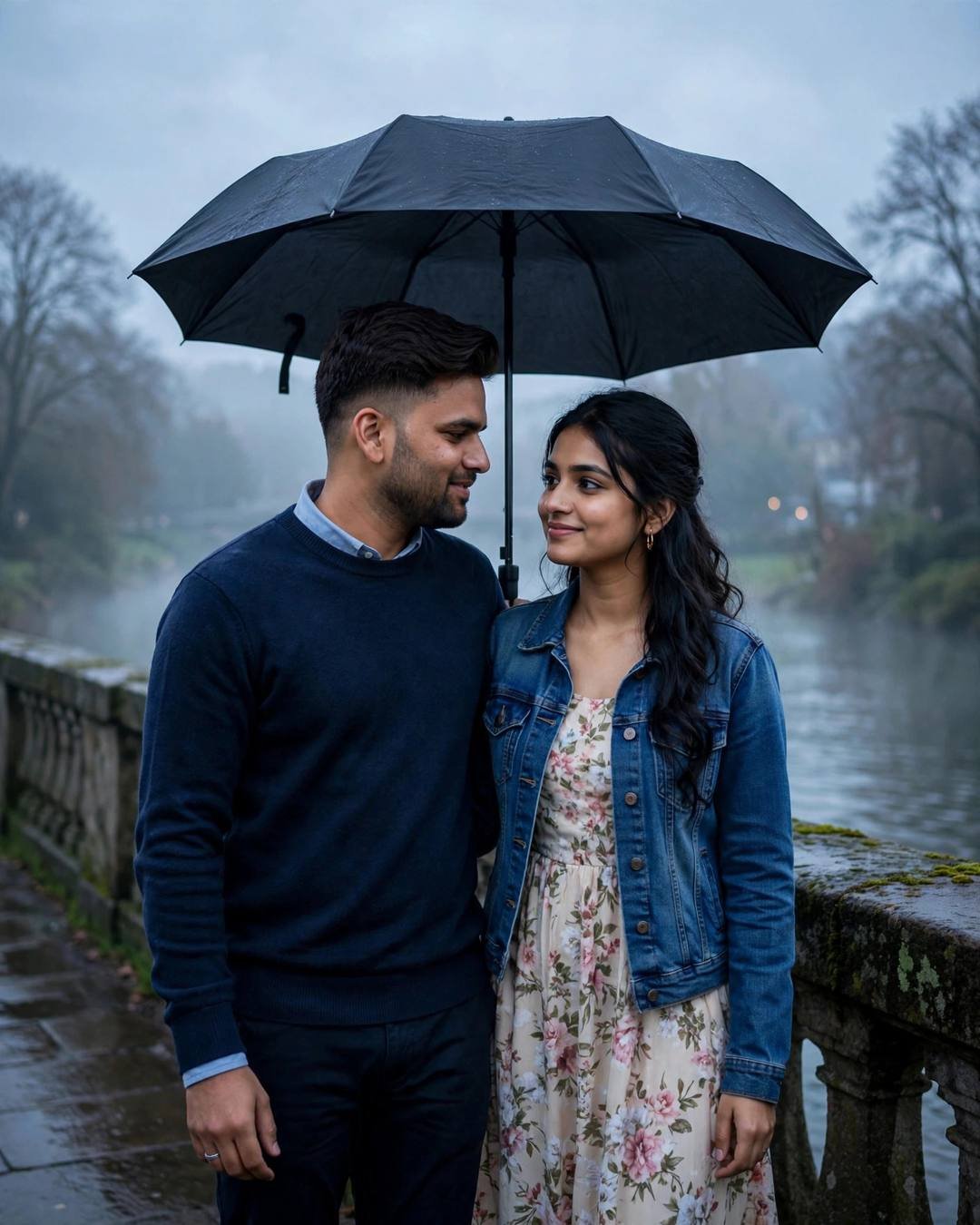 Couple sharing one umbrella on a misty river bridge, smiling at each other