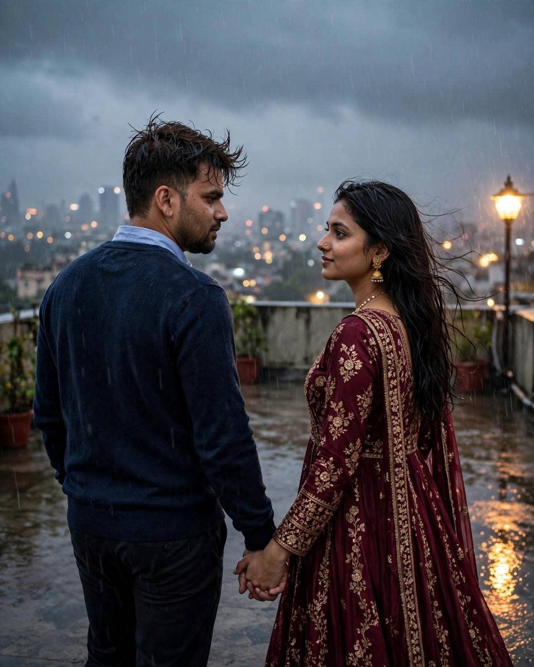 Couple holding hands on a rainy rooftop, woman in maroon anarkali with jhumkas looking back