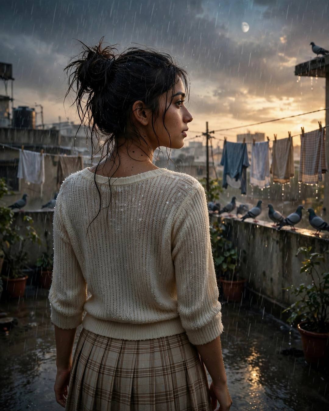 Young woman in cream knit top and plaid skirt looking back on a rainy terrace with clothes lines and pigeons