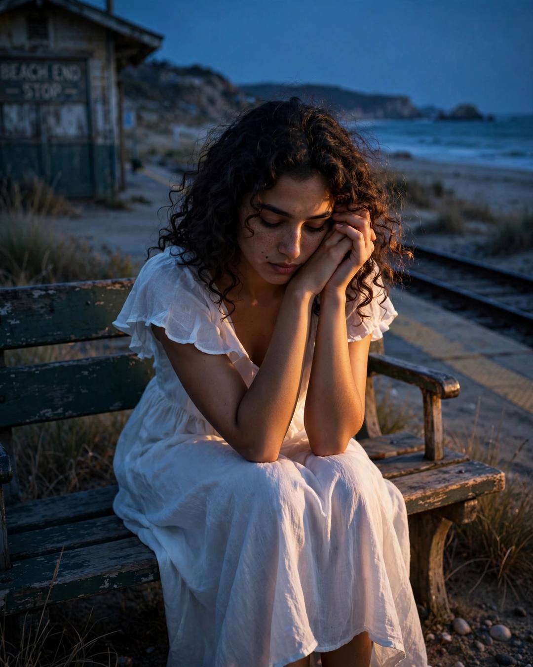 Young woman in white summer dress with head in hands on a deserted beachside bench at blue hour
