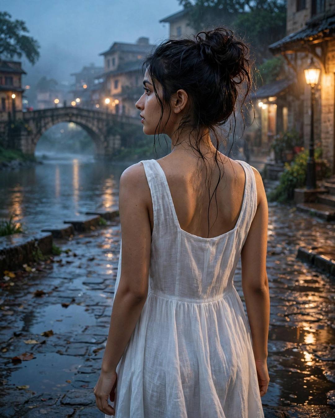 Young woman in white dress looking toward a stone bridge over a river at blue hour