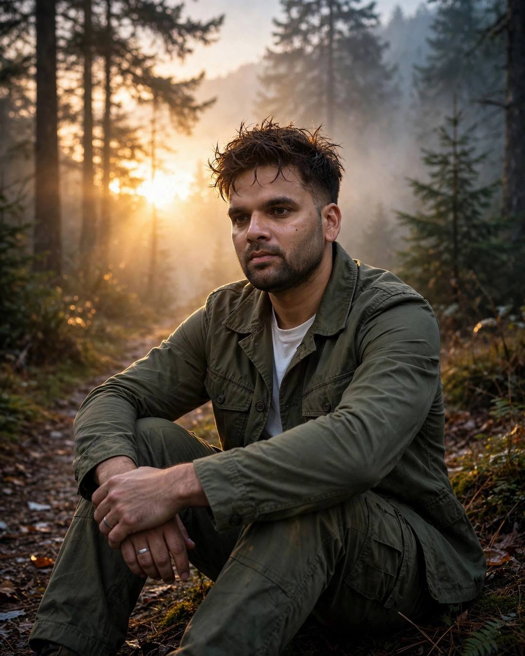 Young Indian man in an olive field jacket sitting with knees drawn up on a misty forest path, golden sunlight flaring through pine trees