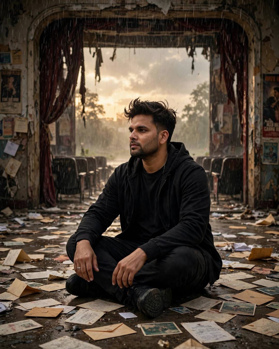Young Indian man in all-black streetwear sitting cross-legged among old letters in an abandoned cinema hall, monsoon rain falling through the open arch