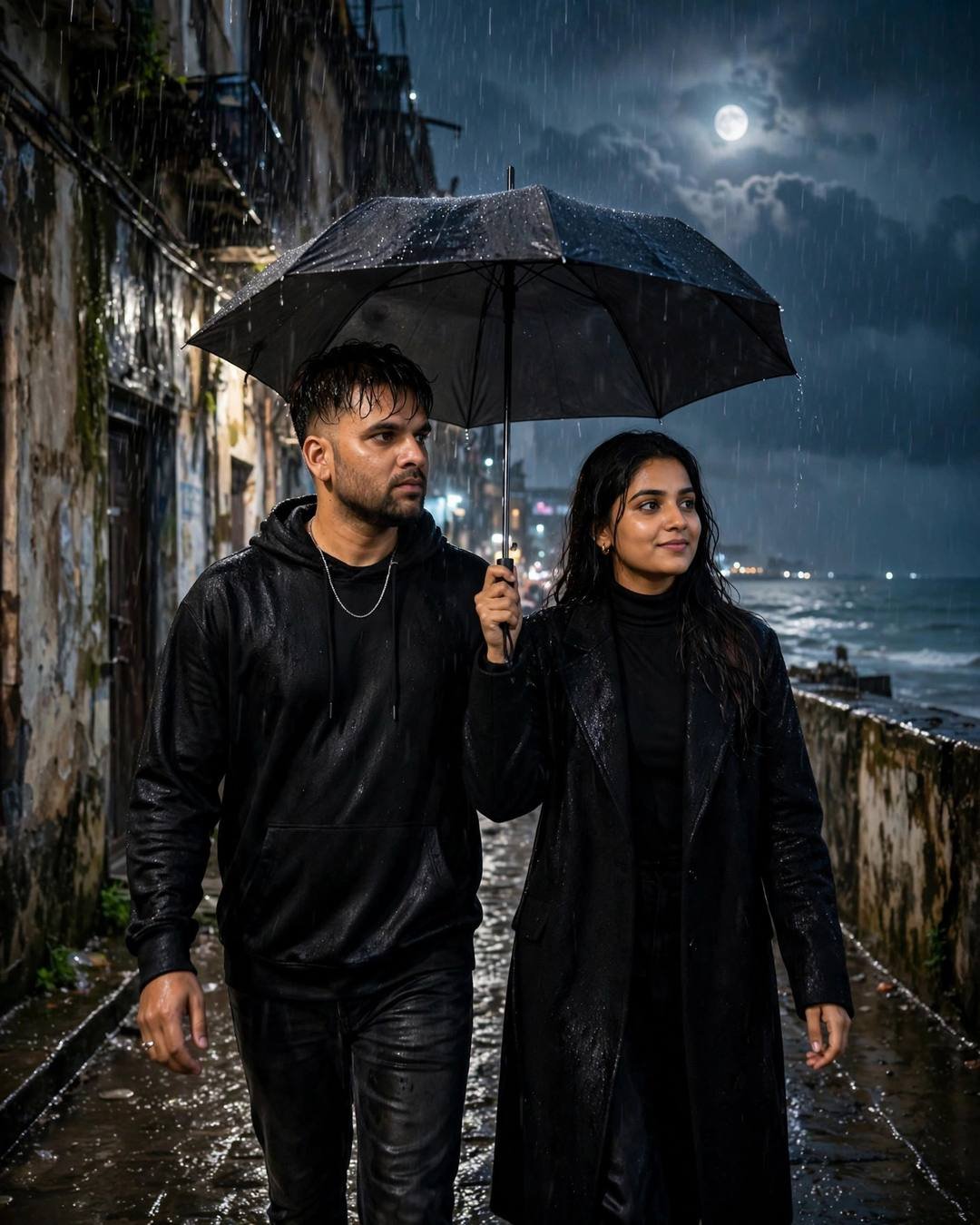 Couple in black under one umbrella walking through monsoon rain by the moonlit sea