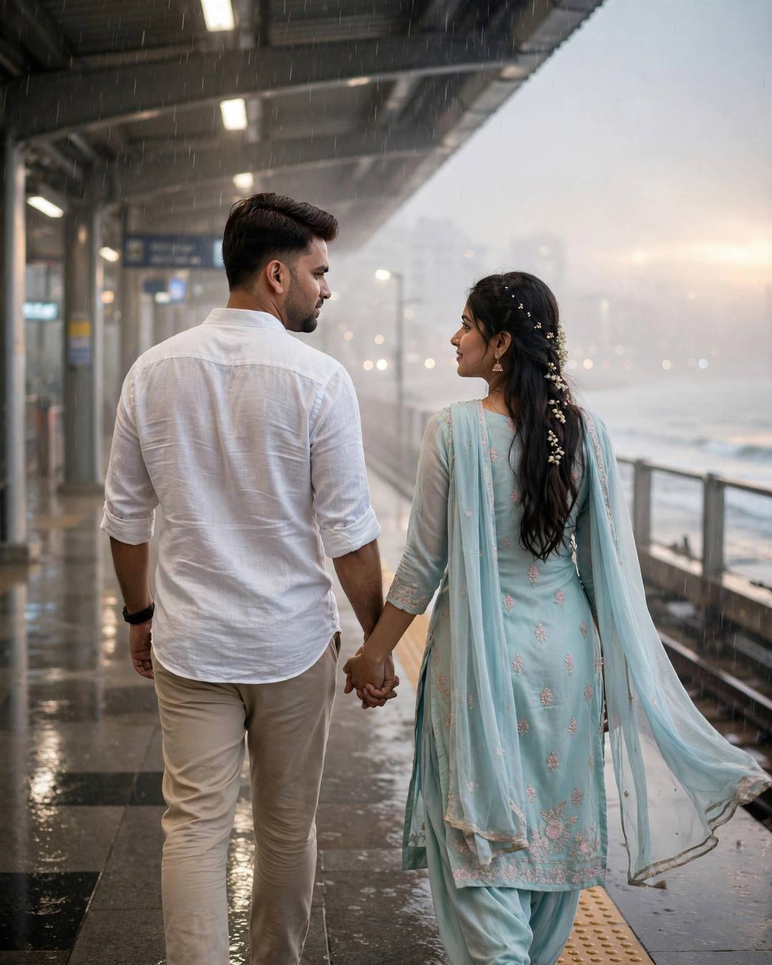Couple walking hand in hand away from the camera on a rain-wet platform at dawn