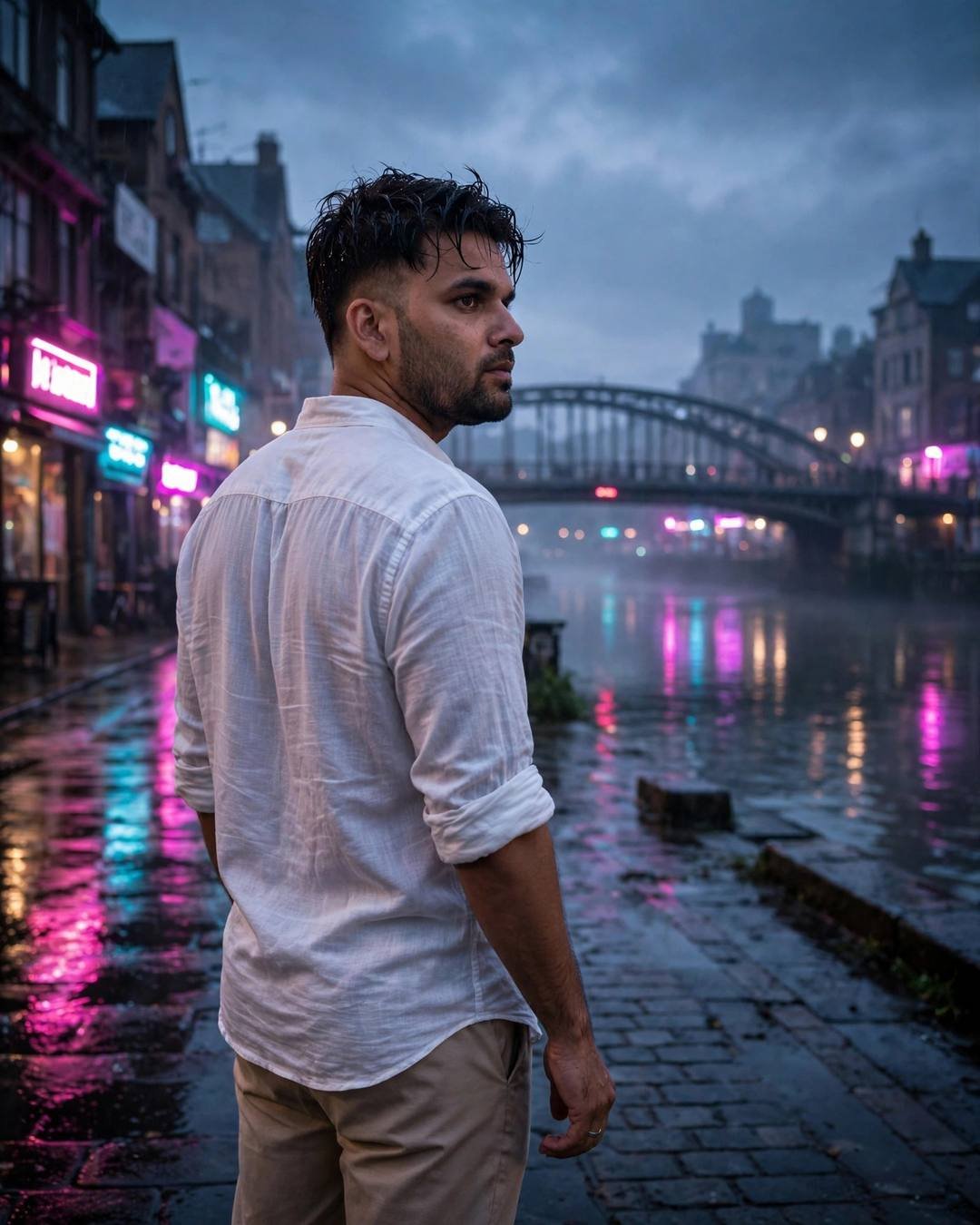 Young man in white linen shirt looking back over his shoulder at a neon-lit bridge over a river at dusk