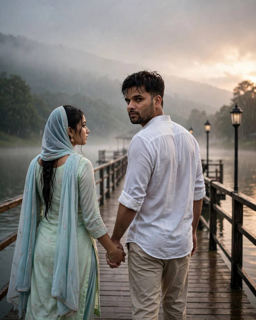 Young couple holding hands walking away down a misty lake pier at dawn, man in white linen shirt glancing back, woman in pastel salwar-kameez with dupatta