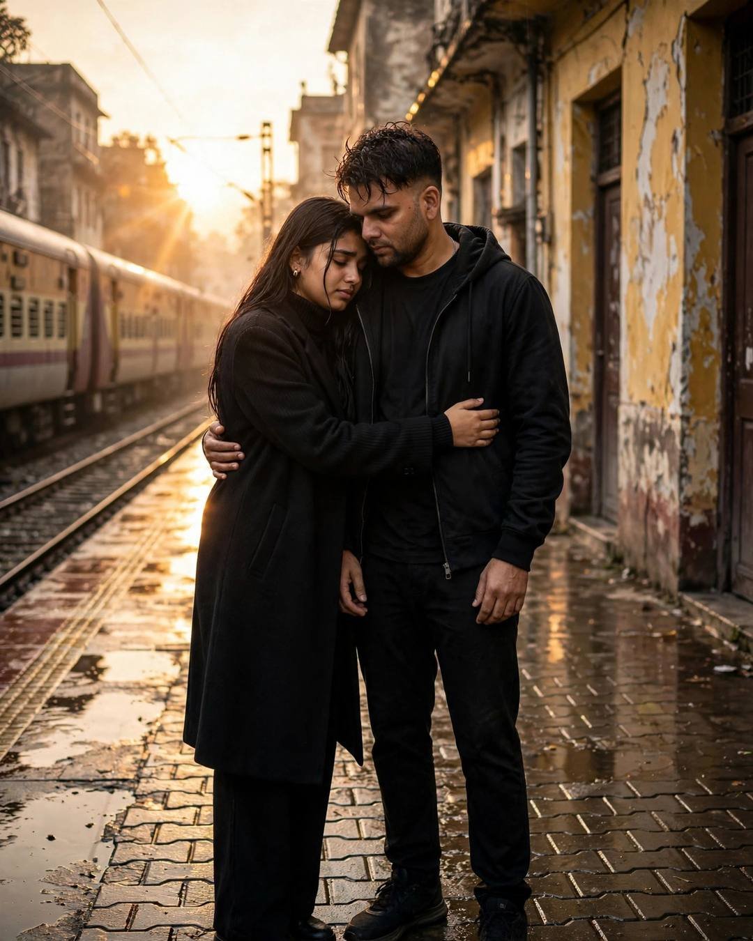 Young couple in a final embrace on a rain-wet railway platform, woman in black turtleneck and long coat, man in black streetwear, train behind, golden-hour backlight