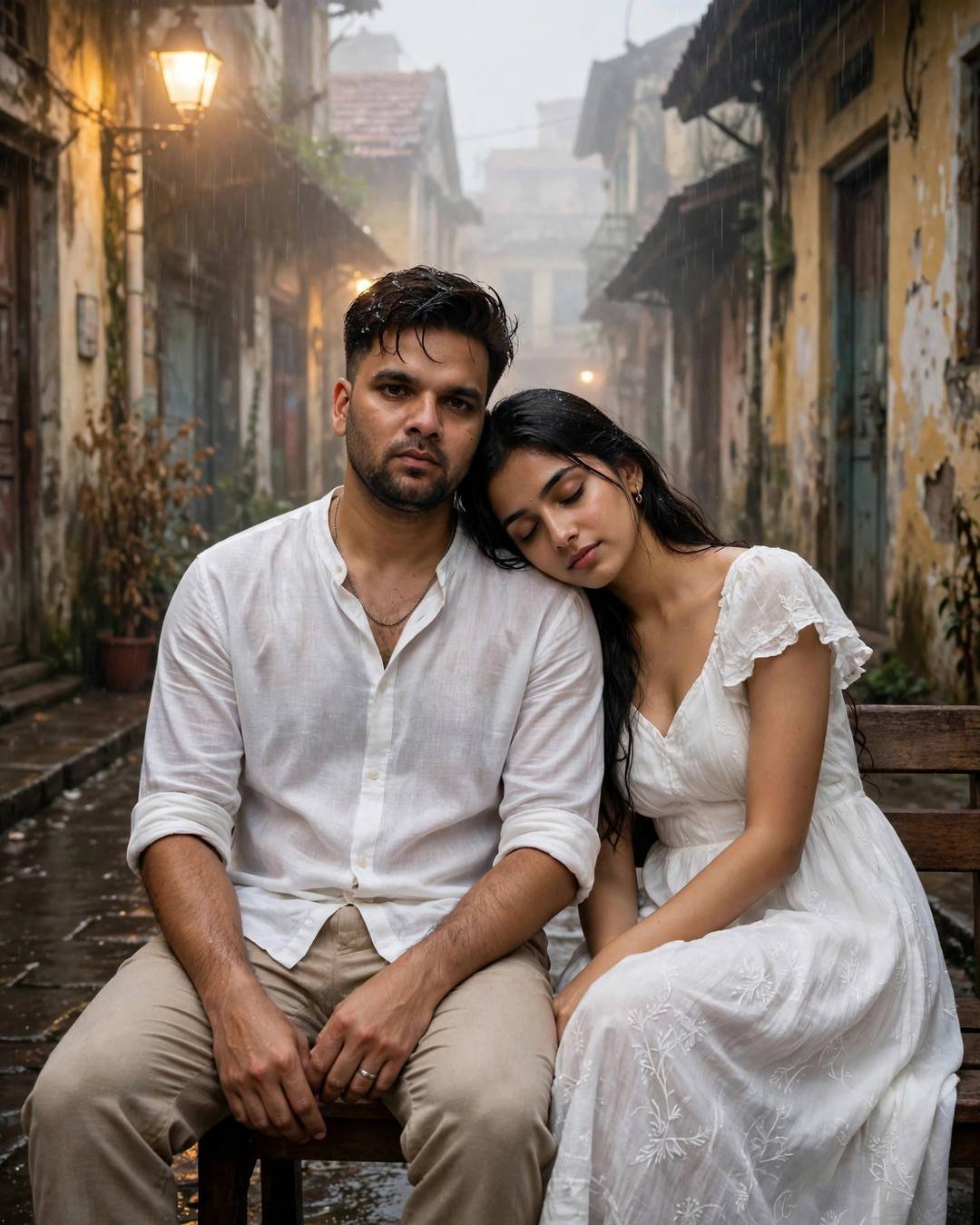 Young couple sitting close on a bench in a foggy old-city lane, woman's head resting on the man's shoulder, white linen shirt and flowing white dress, sodium lamp glowing