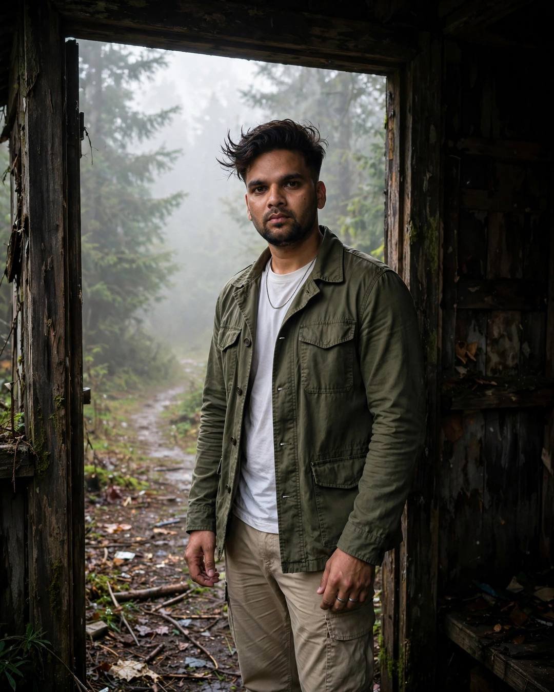 Young man in olive field jacket standing in a doorway facing a misty foggy forest path