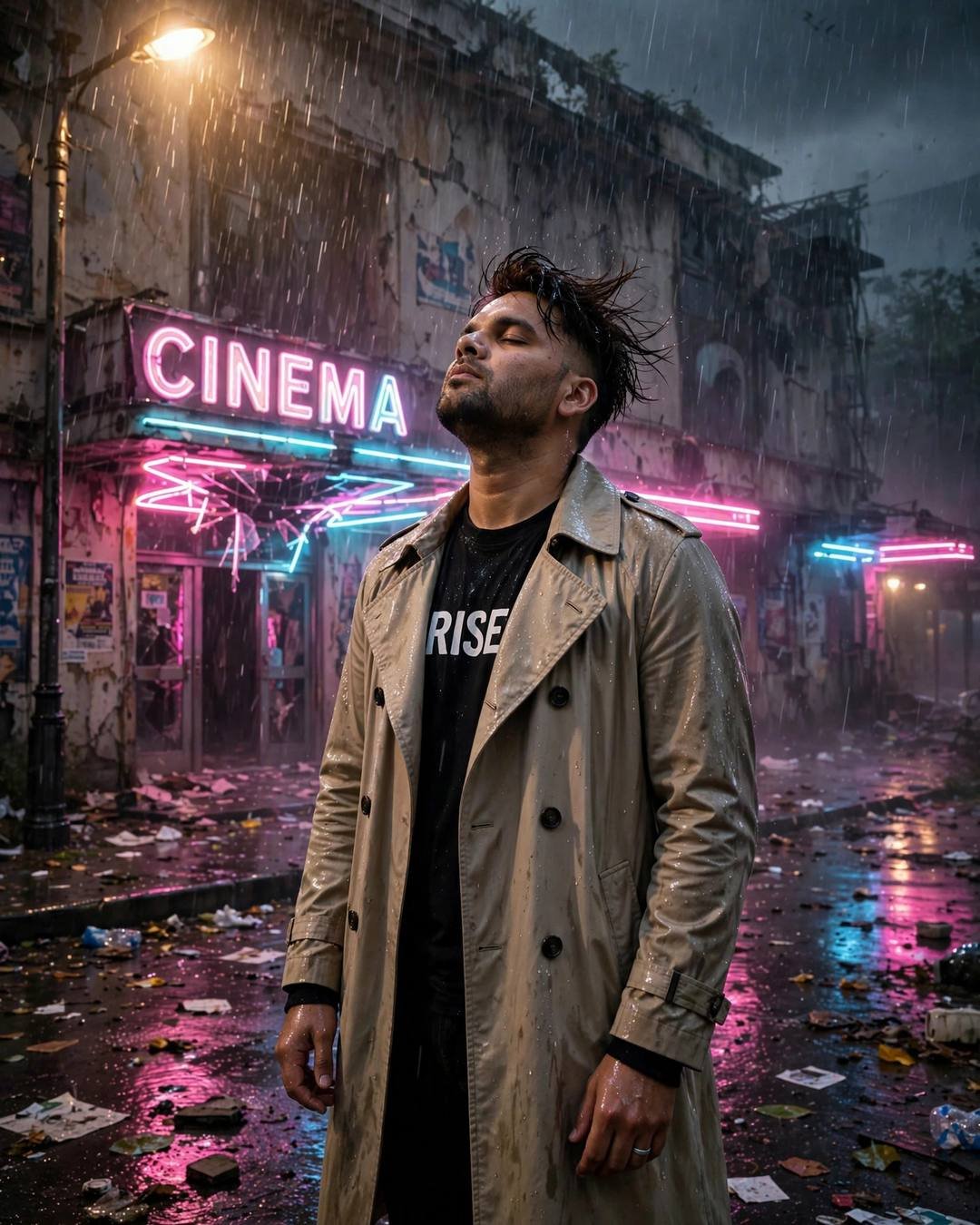 Young man in beige trench coat standing under a streetlamp in heavy rain, face lifted to the sky, neon cinema sign behind