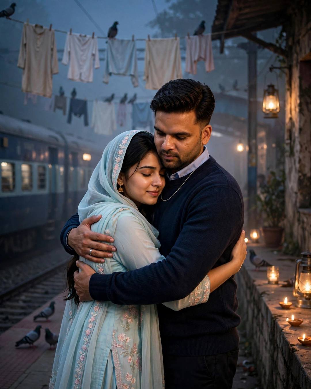 Couple embracing on a foggy railway platform at dusk, diyas glowing, train waiting