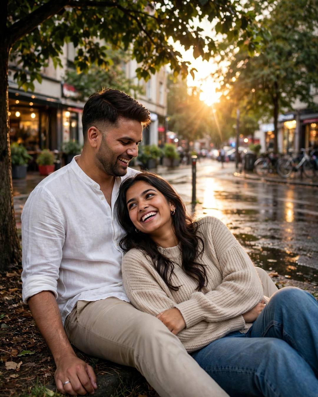 Couple laughing under a tree on a rain-wet street at golden hour, her head on his shoulder