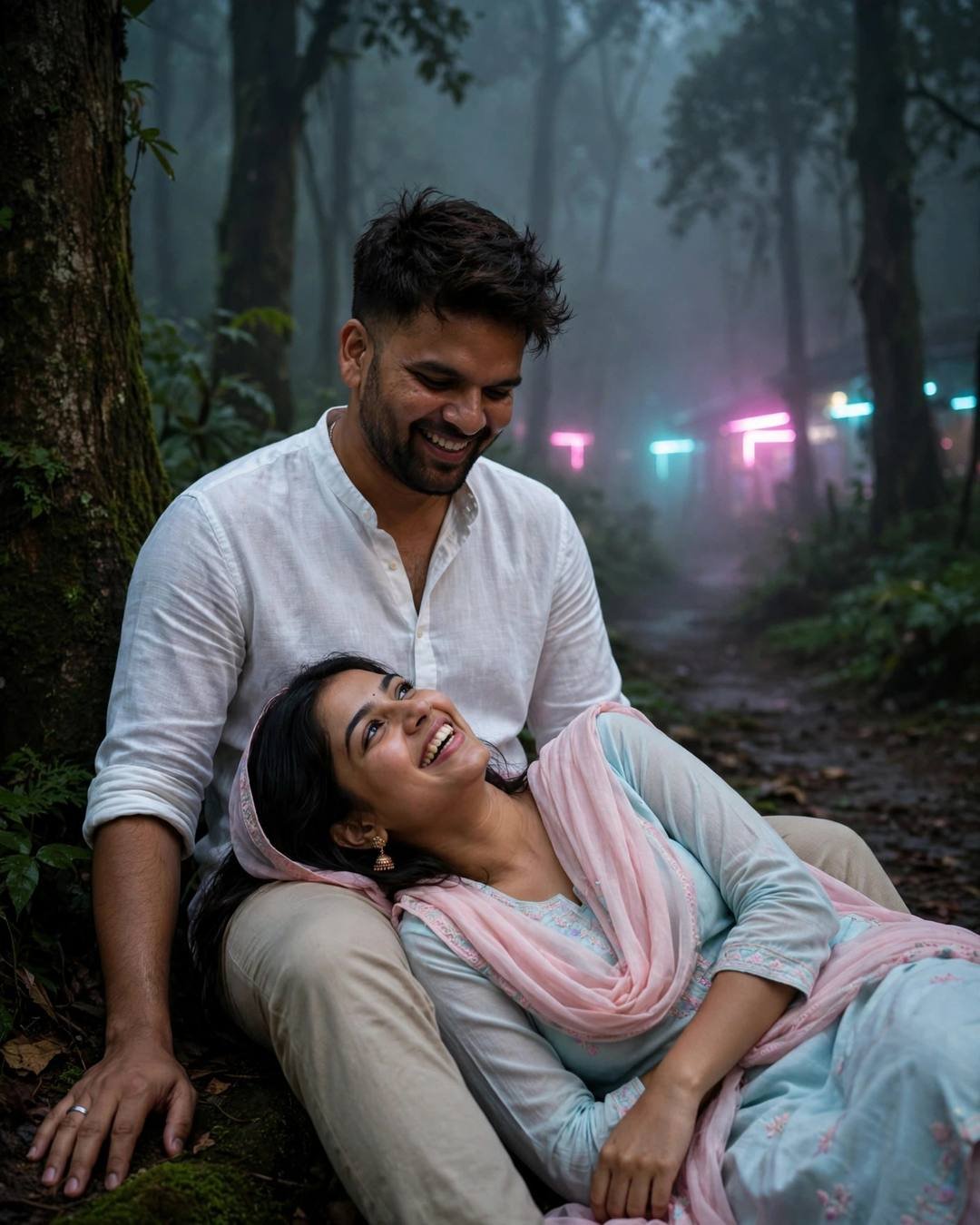 Couple laughing together under a tree on a misty forest path, her head in his lap, neon pink and cyan lights glowing through the fog