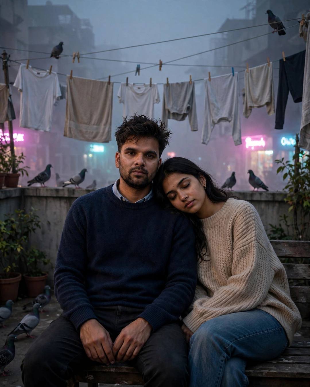 Couple on a foggy terrace bench, her head resting on his shoulder, drying clothes lines and pigeons behind them, neon glowing through mist