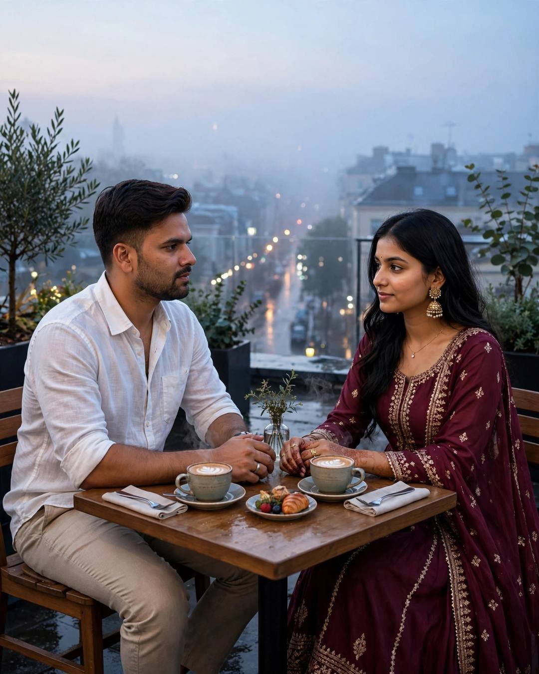 Couple at a small rooftop café table above city lights at dawn, coffee cups between them, woman in maroon anarkali with jhumkas