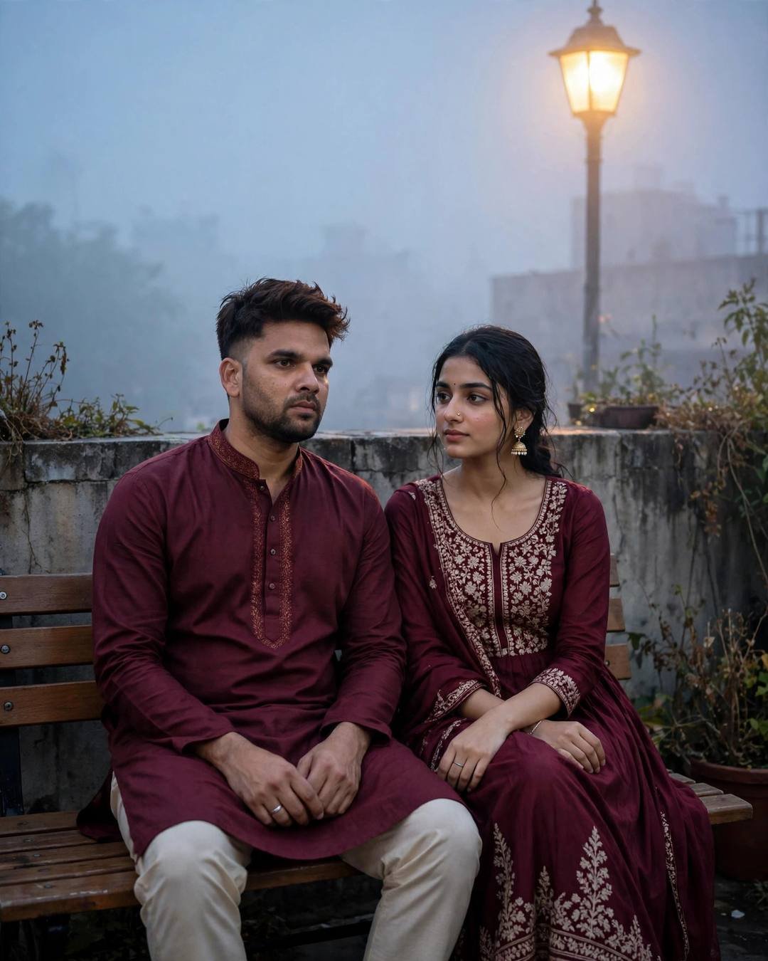 Couple in matching maroon traditional outfits sitting on a foggy bench under a lone streetlamp at dawn