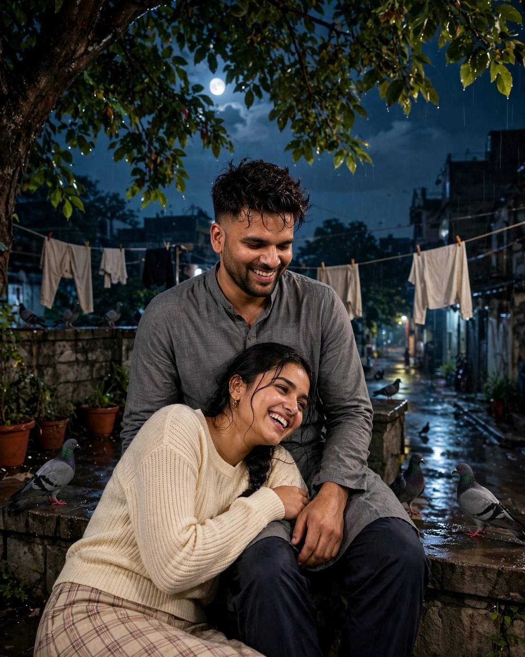 Laughing couple on a moonlit terrace at night, her head against his shoulder, clothes lines and pigeons around them