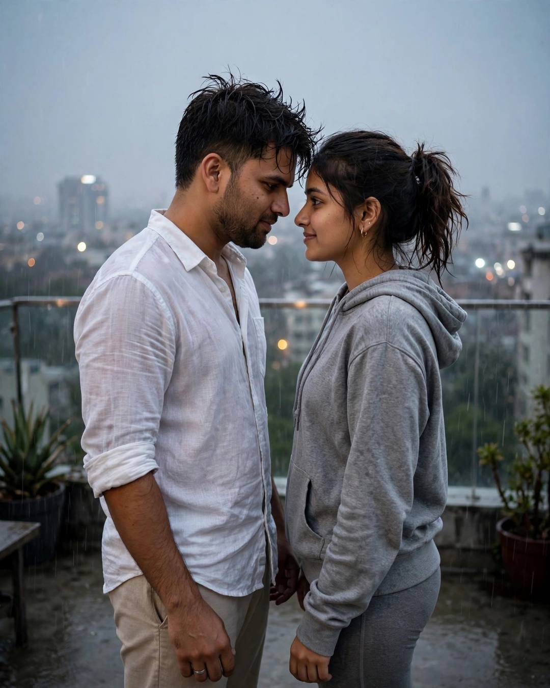 Couple with foreheads touching on a rainy rooftop above city lights, man in white linen shirt, woman in grey hoodie