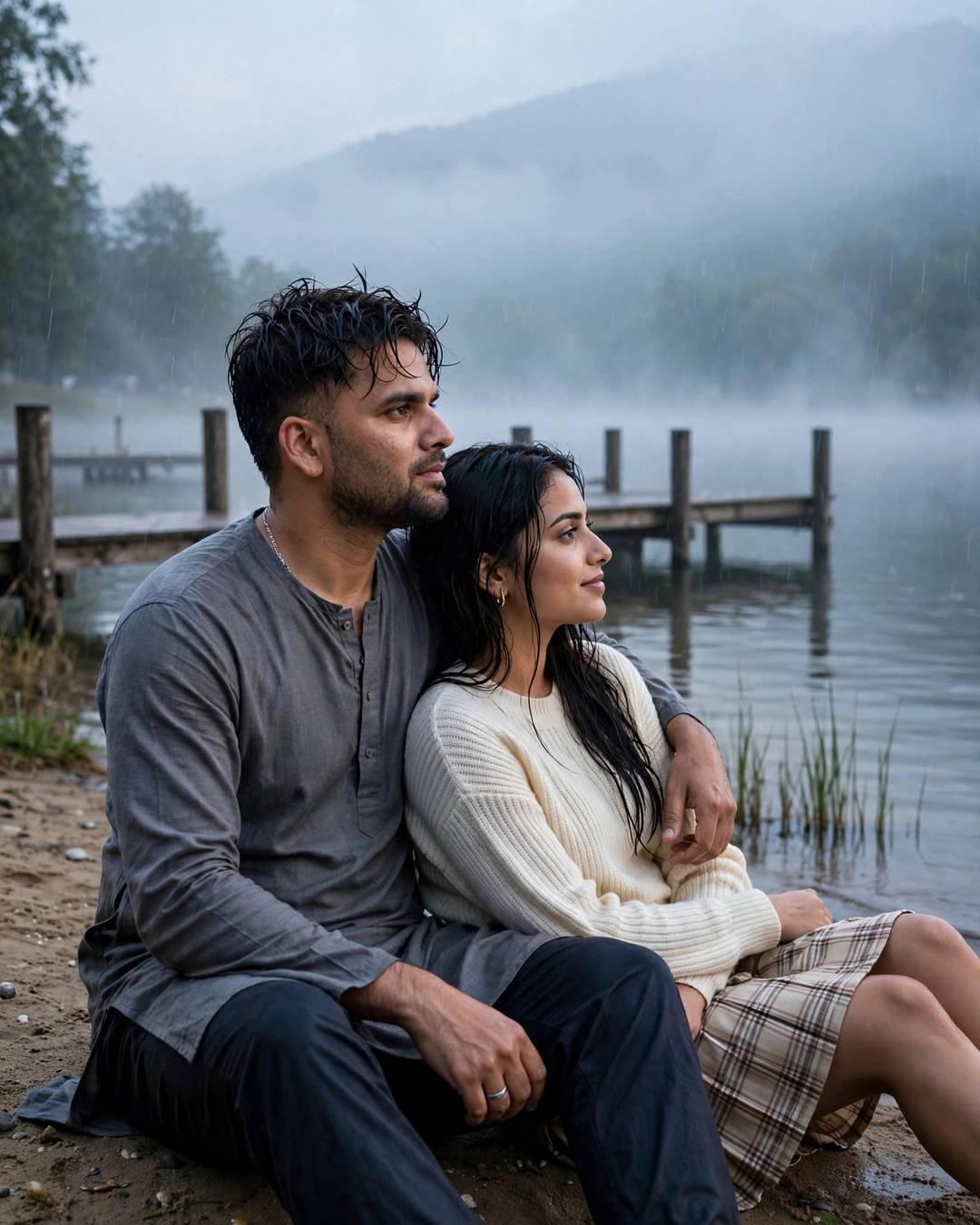 Couple sitting on sandy lake shore at dawn, his arm around her, wooden pier fading into fog behind them