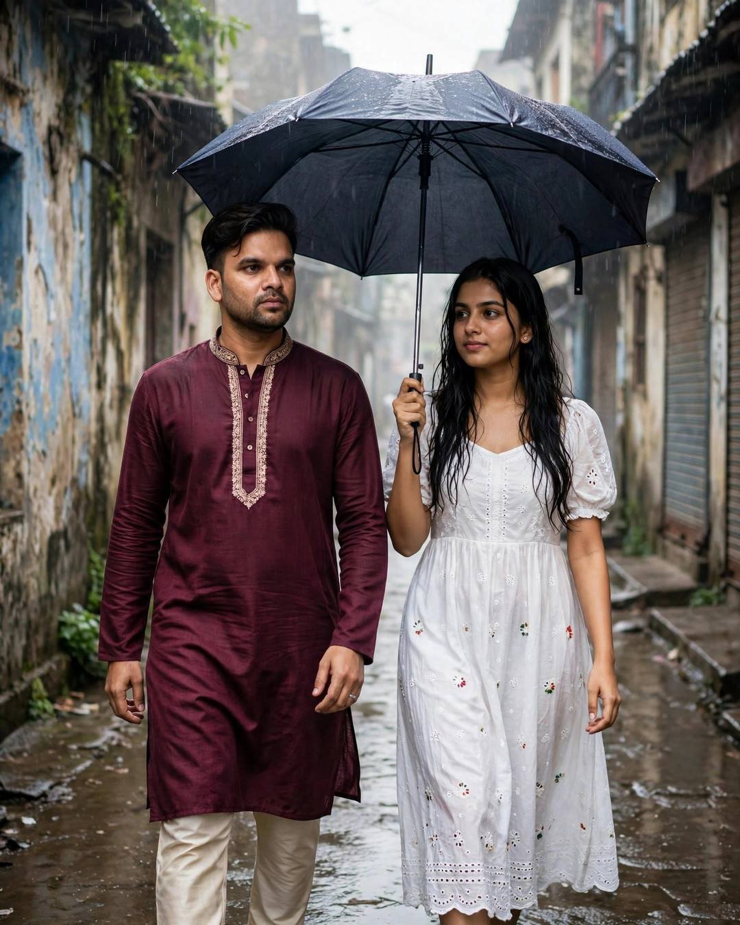 Couple walking under one black umbrella down a narrow old-city lane in light rain, man in maroon kurta, woman in white dress
