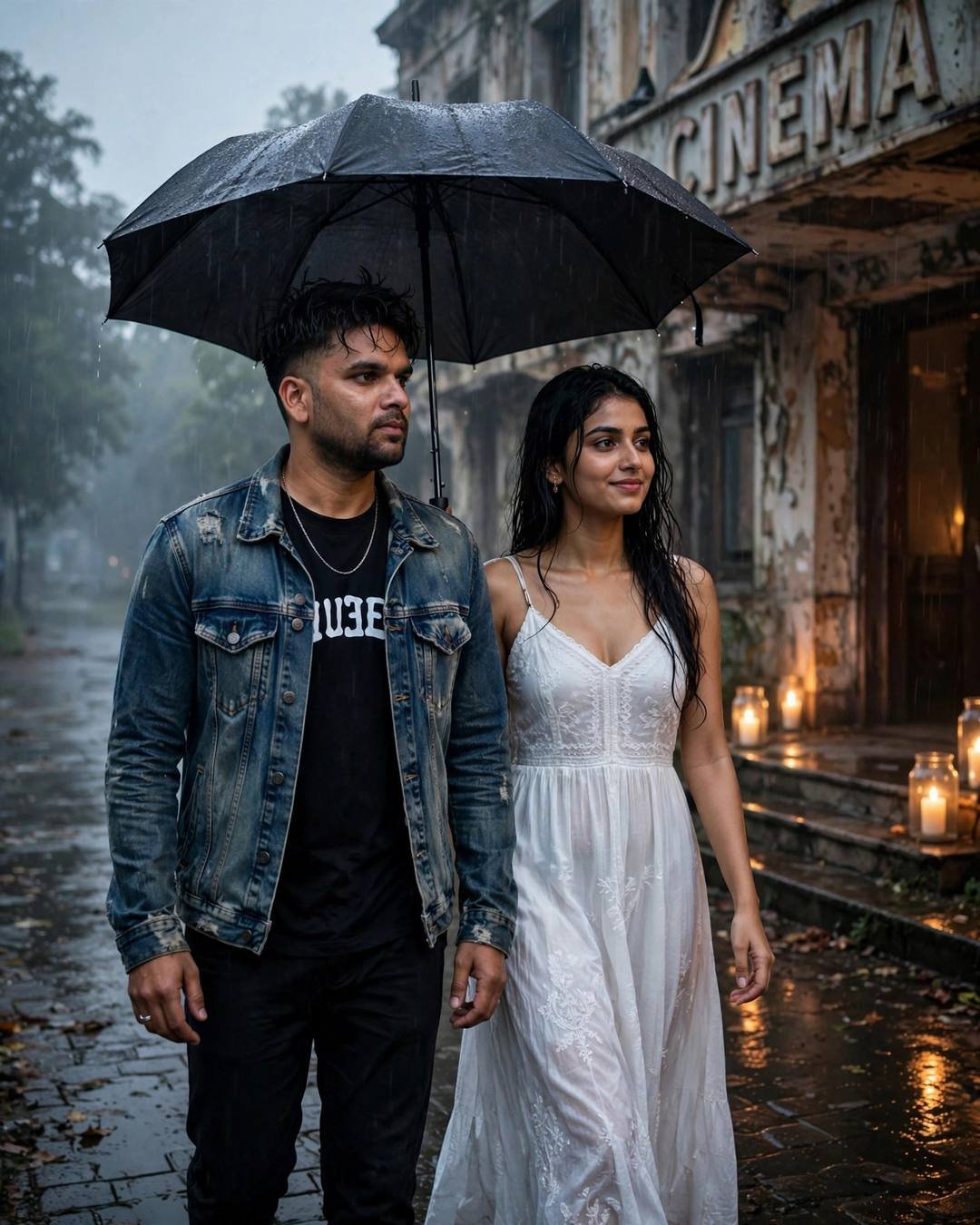 Couple walking under one umbrella past an abandoned cinema hall at dawn, candles glowing in jars on the steps